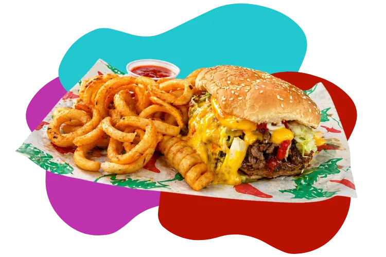 Cheeseburger with curly fries and dipping sauce from Hatch Corner Snacks & More in Hatch New Mexico