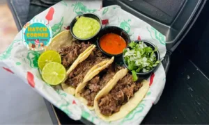 Barbacoa tacos with lime, onions, cilantro, and salsa from Hatch Corner Snacks & More in Hatch New Mexico