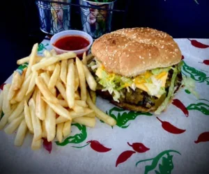 Cheeseburger with fries and ketchup from Hatch Corner Snacks & More in Hatch New Mexico