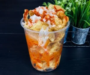 Prepared chips with salsa from Hatch Corner Snacks & More in Hatch New Mexico