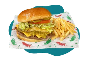 Hatch Green chile cheeseburger with fries from Hatch Corner Snacks & More in Hatch New Mexico